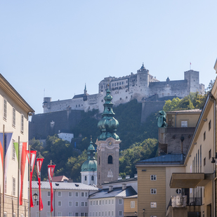 Salzburg, Green city experiences, view from the Grosses Festspielhaus - Hofstallgasse, to Hohensalzburg Fortress