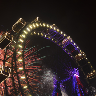 New Year's Eve in Vienna, fireworks at the Giant Ferris Wheel in the Vienna Prater