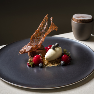 Landhaus Bacher - Chocolate - raspberry - green juniper and chocolate soufflé